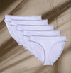 Five pairs of Kiseau Organic Cotton Bikini Underwear, toxin-free and eco-friendly, made from breathable natural fabric.