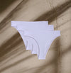 Three pairs of Kiseau Organic Cotton Brazilian Underwear, minimalist cut and naturally body-hugging sustainable fabric.