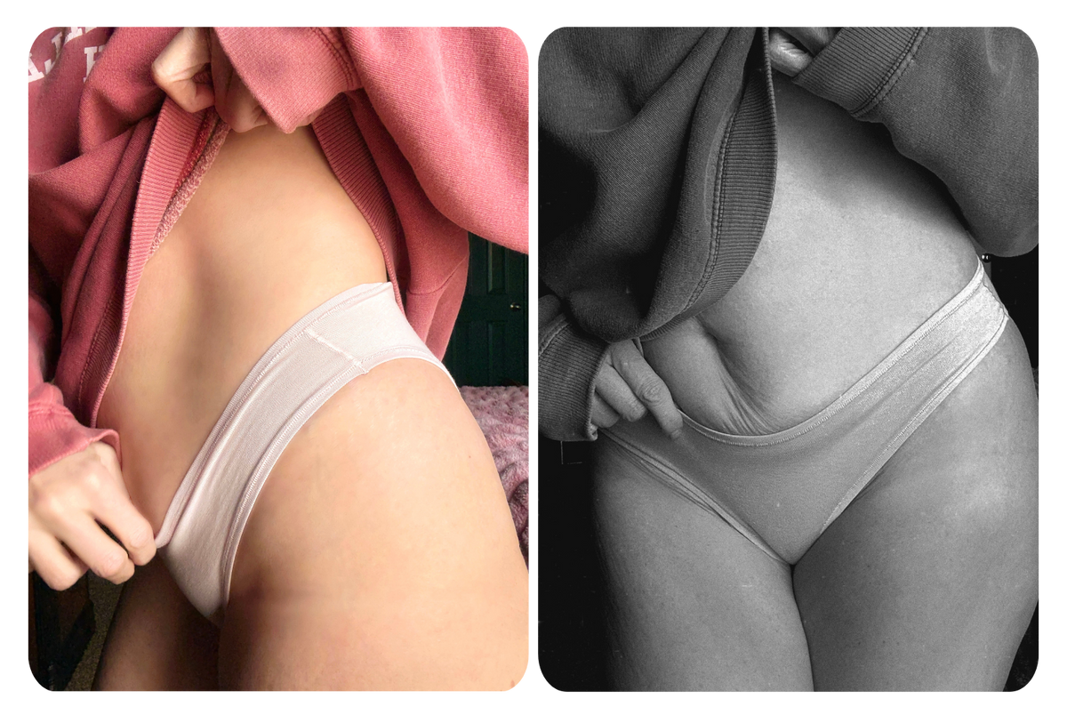 Emily wearing Kiseau thong underwear highlighting the waistband fit and brief cut, styled with a hoodie.