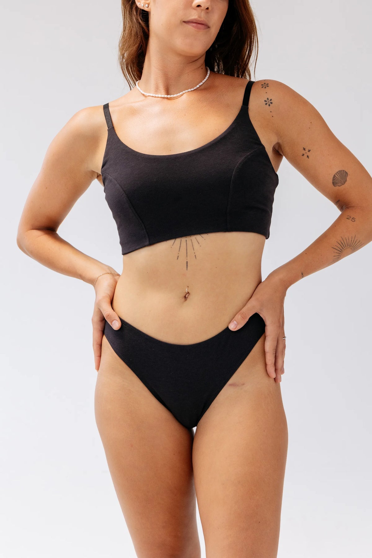 Kiseau Charcoal Cheeky Bikini and Bralette front view — seaweed-infused organic cotton underwear and lingerie set
