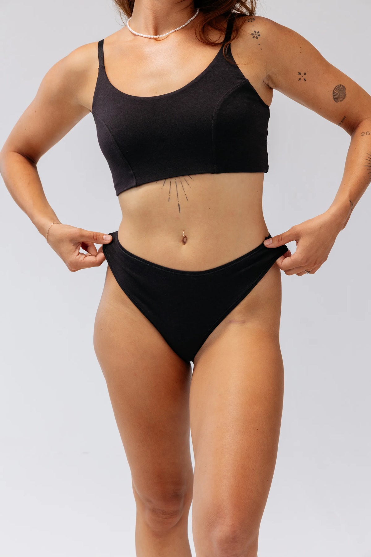 Kiseau Charcoal Classic Thong waistband detail with Bralette — seaweed organic cotton underwear