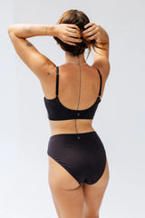 Kiseau Charcoal High Waist Brief and Bralette back view with Kiseau logo tags — toxin-free seaweed organic cotton