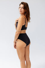 Kiseau Charcoal High Waist Brief and Bralette three-quarter back view with gold adjusters — seaweed organic cotton
