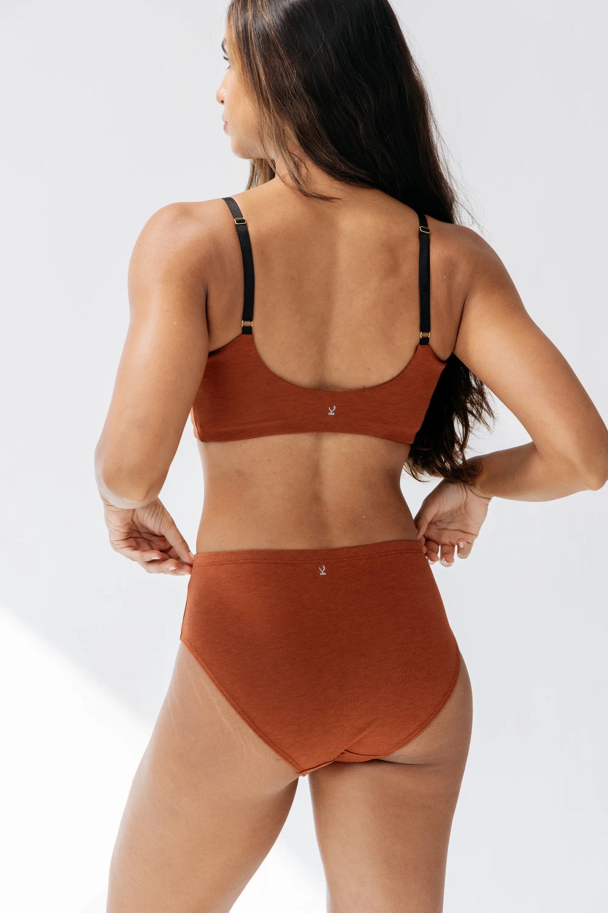 Kiseau Terracotta High Waist Brief and Bralette back view with Kiseau logo tags — seaweed organic cotton underwear