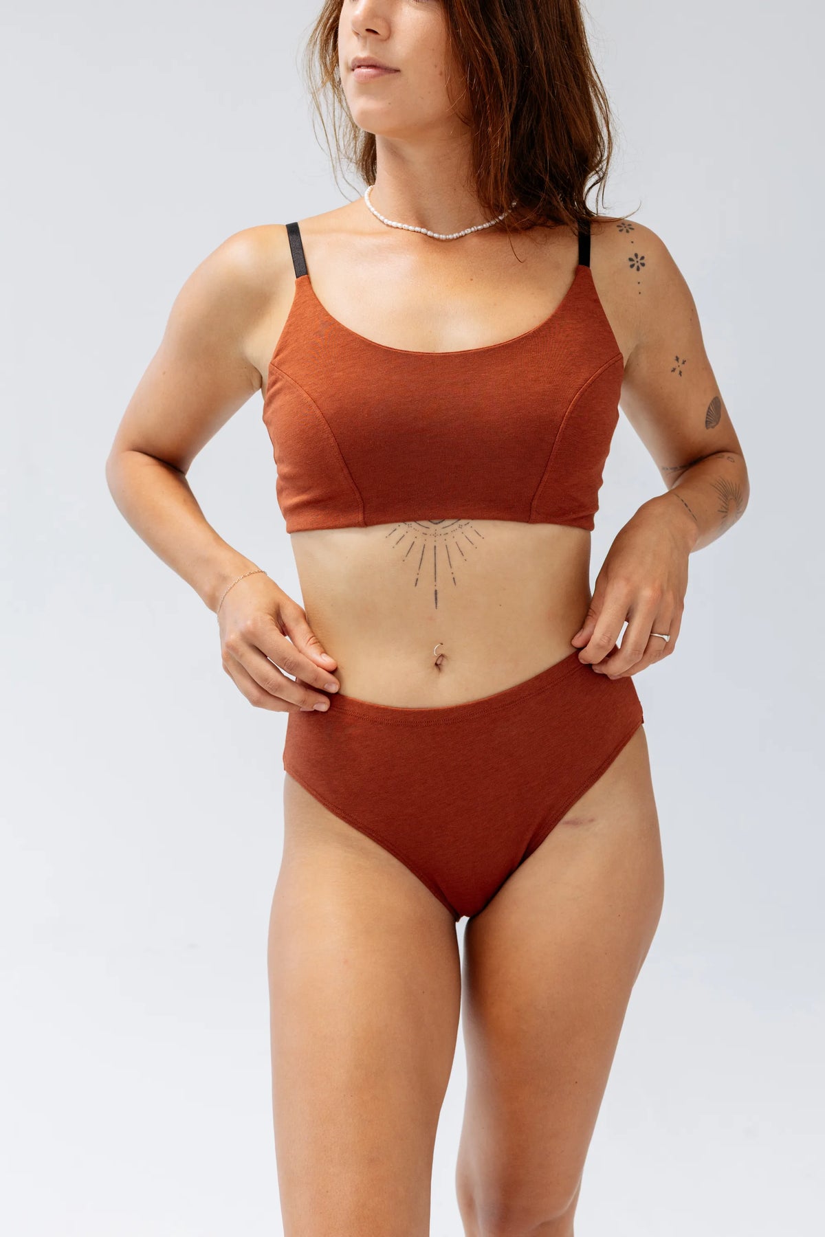 Kiseau Terracotta High Waist Brief and Bralette front view — seaweed-infused organic cotton underwear and lingerie
