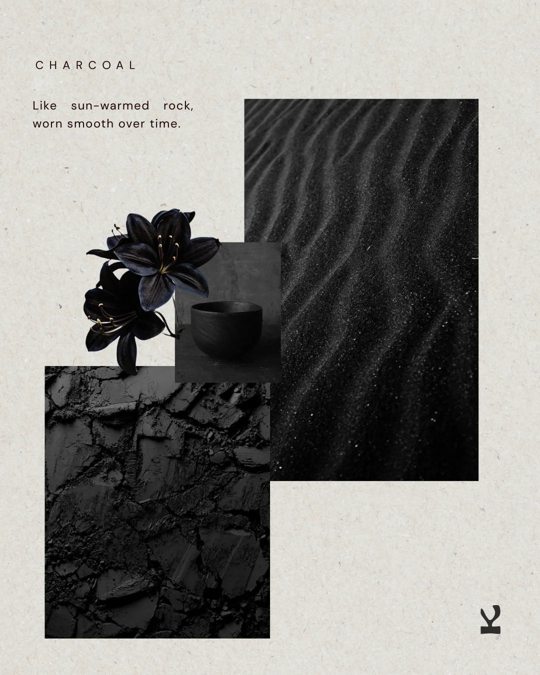 Kiseau Charcoal mood — sun-warmed rock, Icelandic seaweed-infused organic cotton lingerie