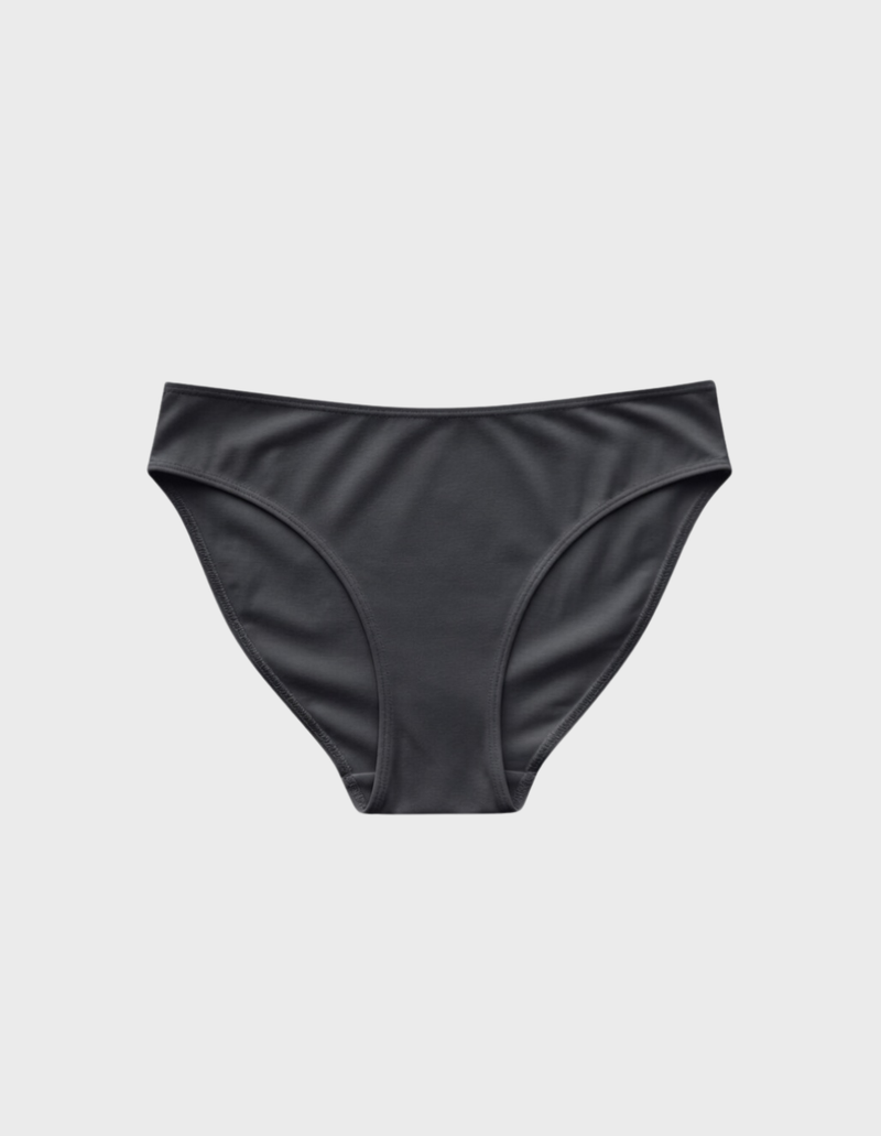 Kiseau cheeky bikini underwear in charcoal — sustainable women's underwear made from Icelandic seaweed-infused organic cotton, flat lay front view