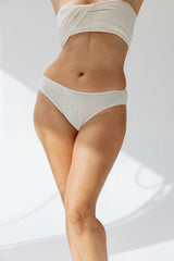 Kiseau Natural Undyed Cheeky Bikini front detail — seaweed-infused organic cotton underwear
