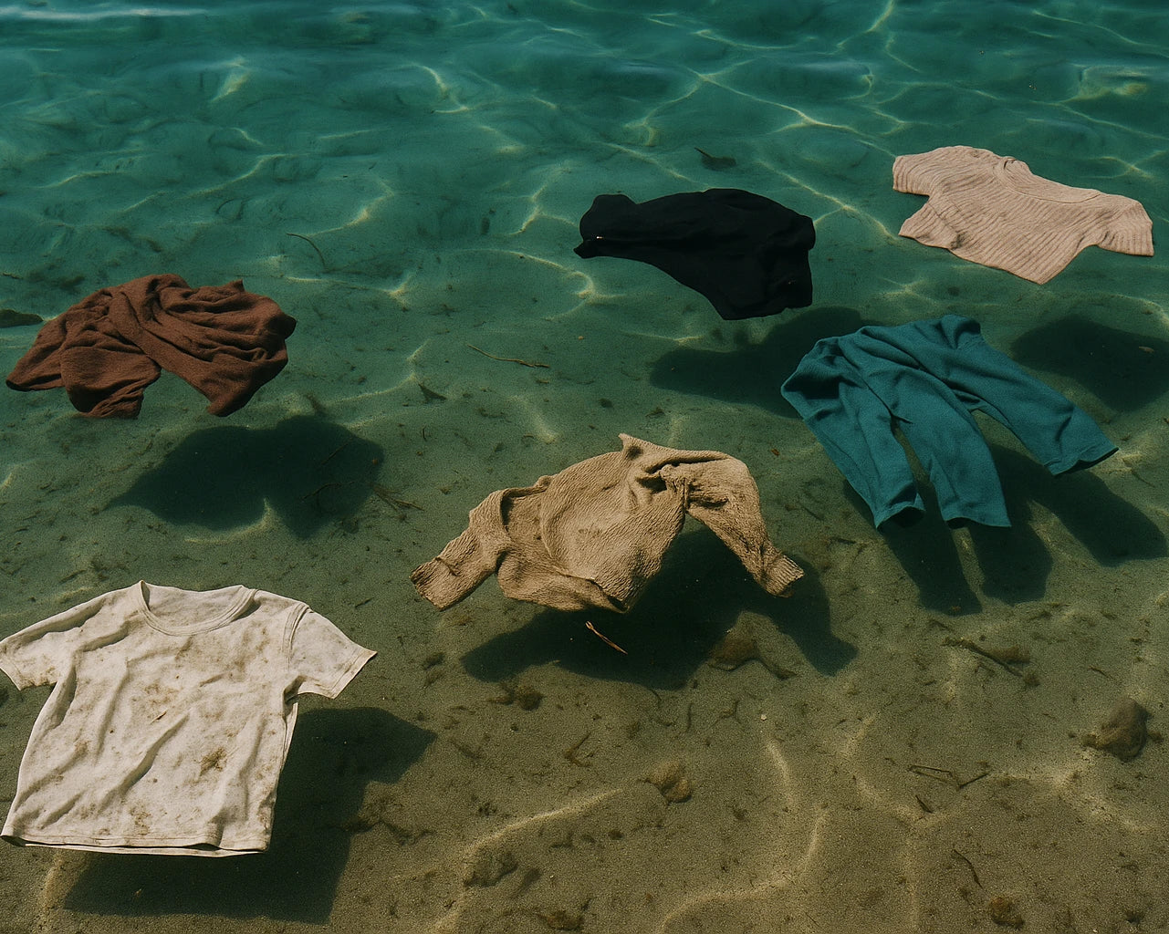 Clothes floating in water showing fast fashion pollution, highlighting Kiseau’s commitment to sustainable and toxin-free alternatives.