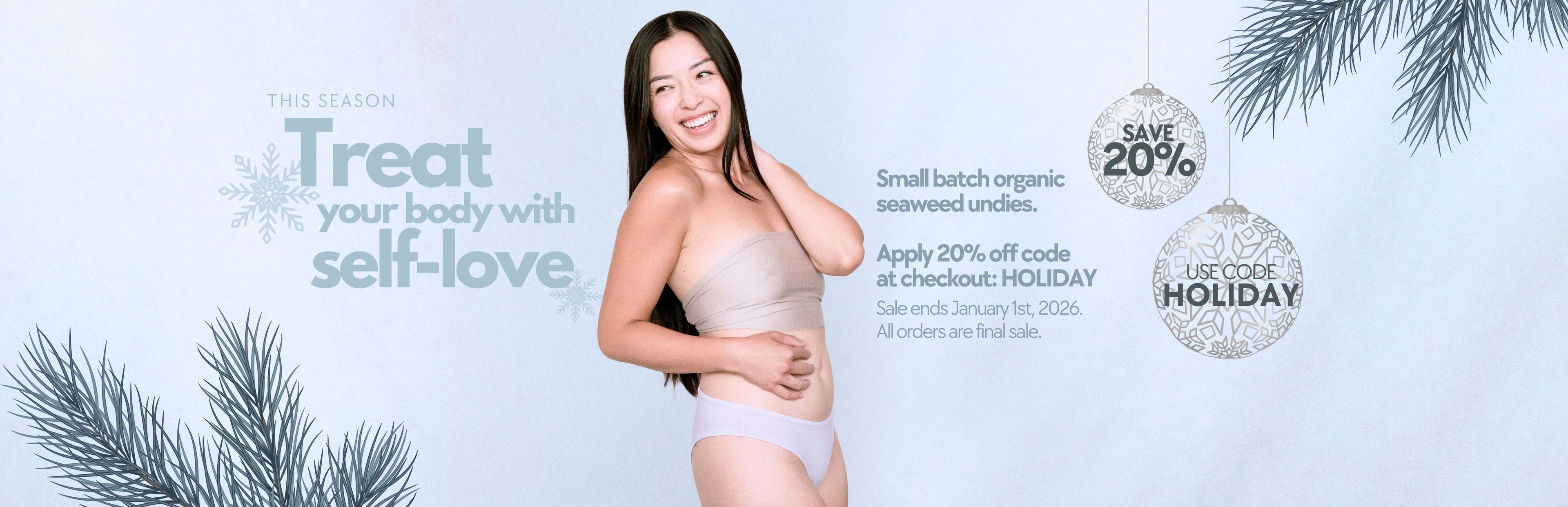 Woman in underwear with promotional text and holiday decorations on a light blue background