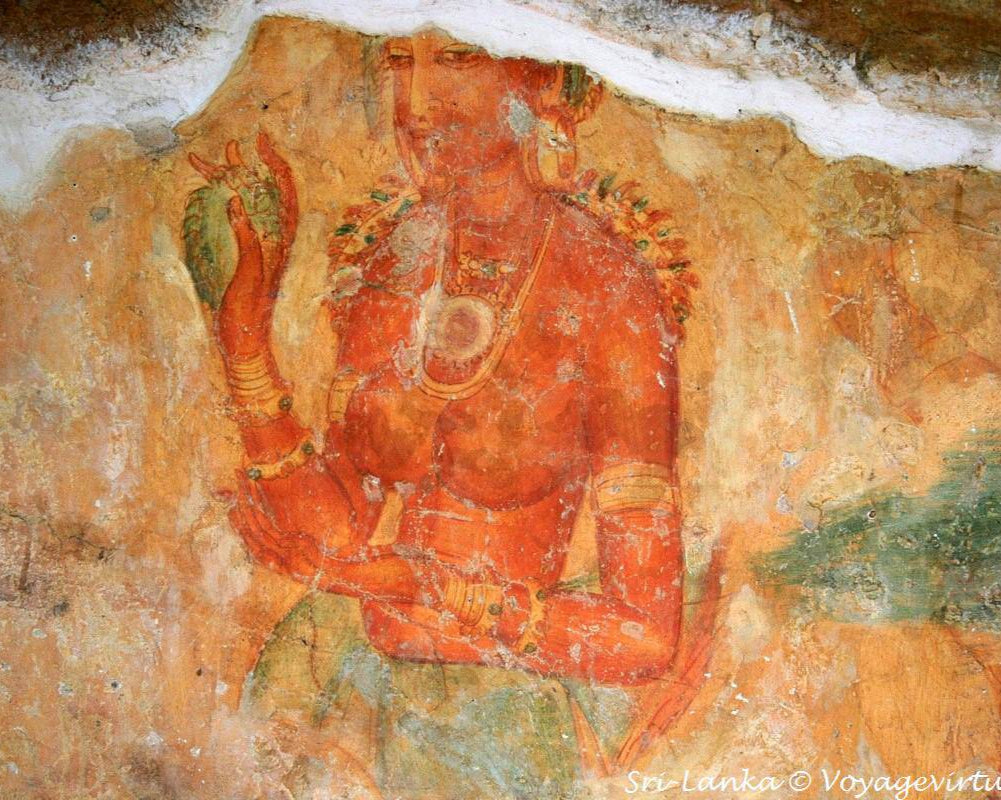 Worn mural of a red figure on a stone wall with visible wear and tear.