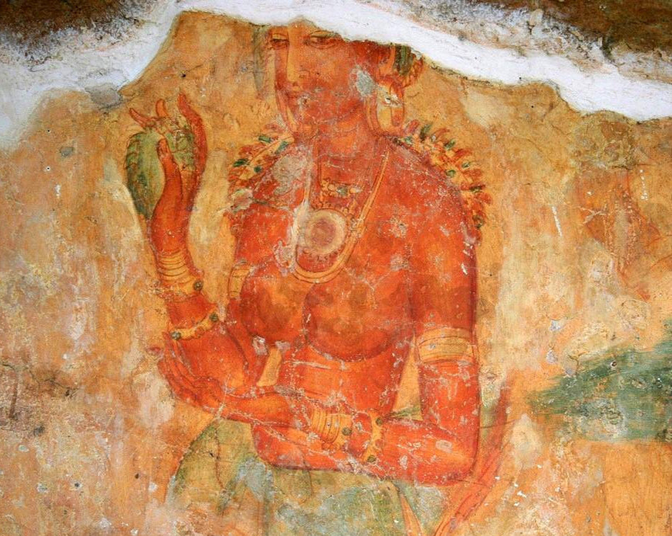 Worn mural of a red figure on a stone wall with visible wear and tear.