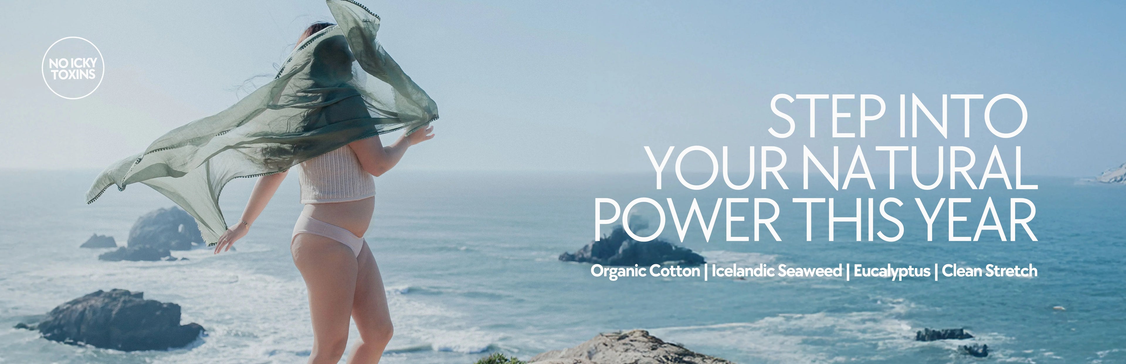 Model wearing Kiseau organic cotton and Icelandic seaweed underwear outdoors at sunset, embodying natural materials, toxin-free comfort, and freedom of movement.