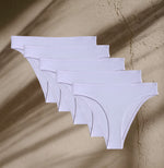 Five pairs of Kiseau Organic Cotton Brazilian Underwear, soft breathable design, made from eco-friendly natural materials.