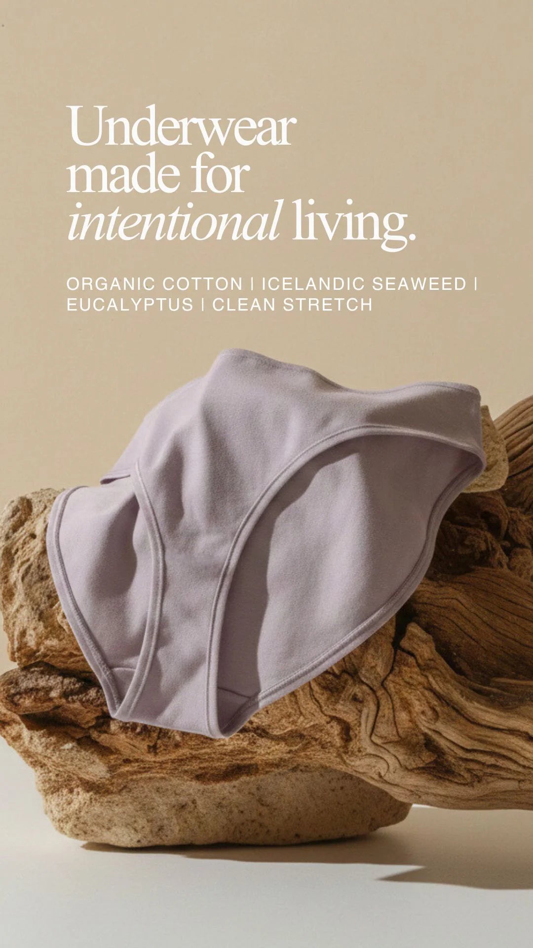 Kiseau organic cotton and Icelandic seaweed underwear displayed on natural wood, representing intentional living and toxin-free comfort.