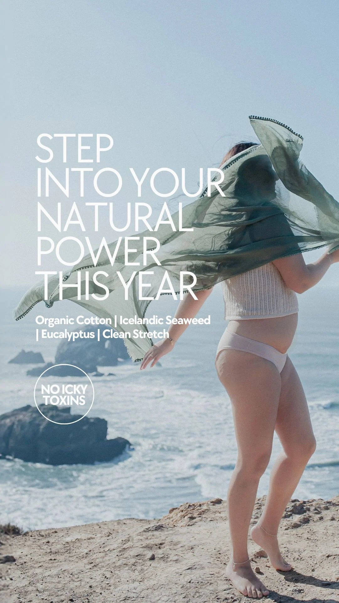 Model wearing Kiseau organic cotton and Icelandic seaweed underwear standing by the ocean, representing natural comfort, freedom, and hormone-conscious design.