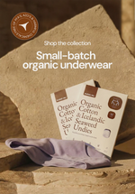 Kiseau organic cotton and Icelandic seaweed underwear with packaging displayed on natural stone, highlighting breathable, non-toxic, PFAS-free women’s underwear designed for intimate comfort.