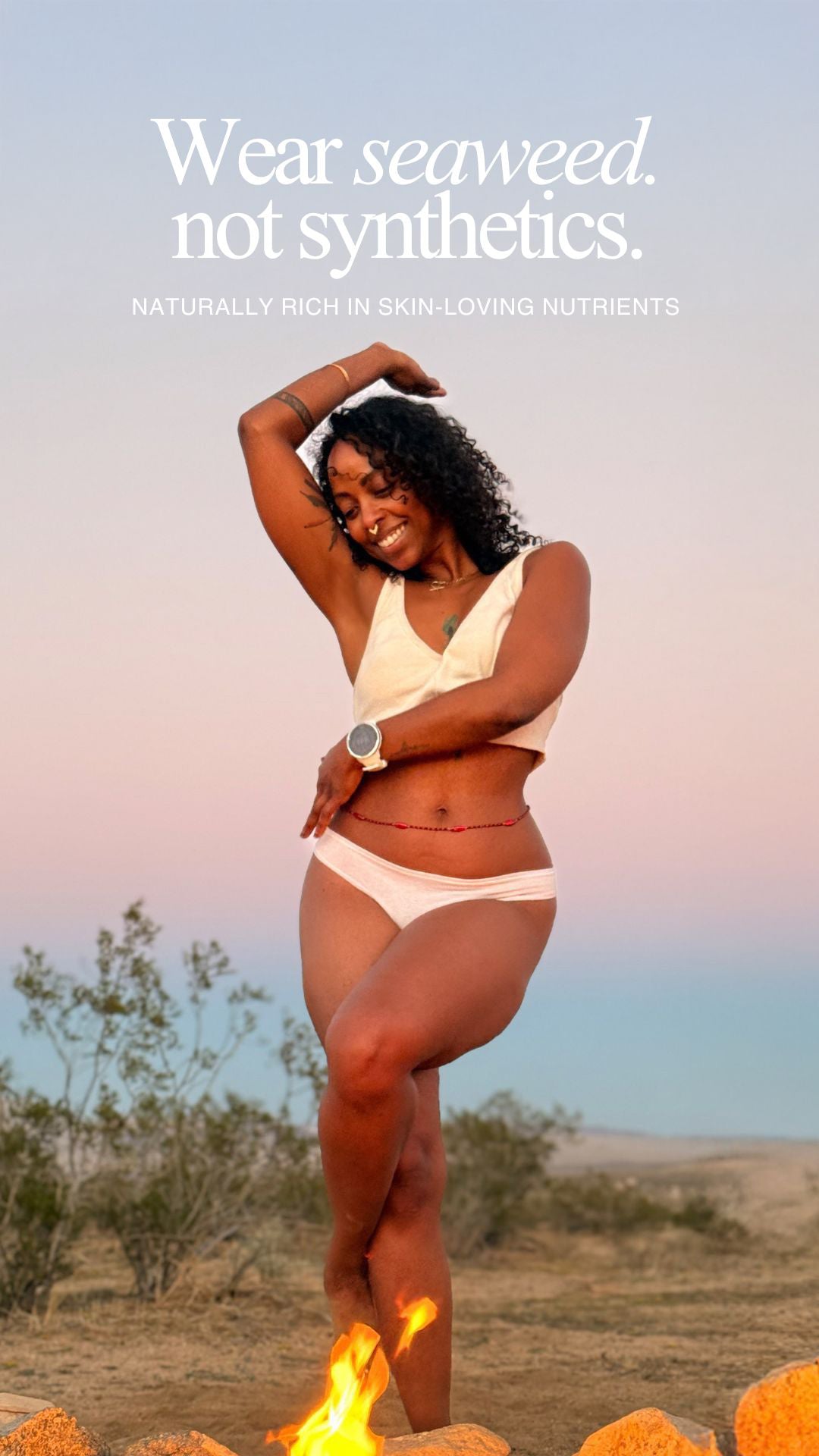 Model wearing Kiseau seaweed-infused organic cotton underwear outdoors, highlighting non-toxic natural fibers and skin-loving comfort.