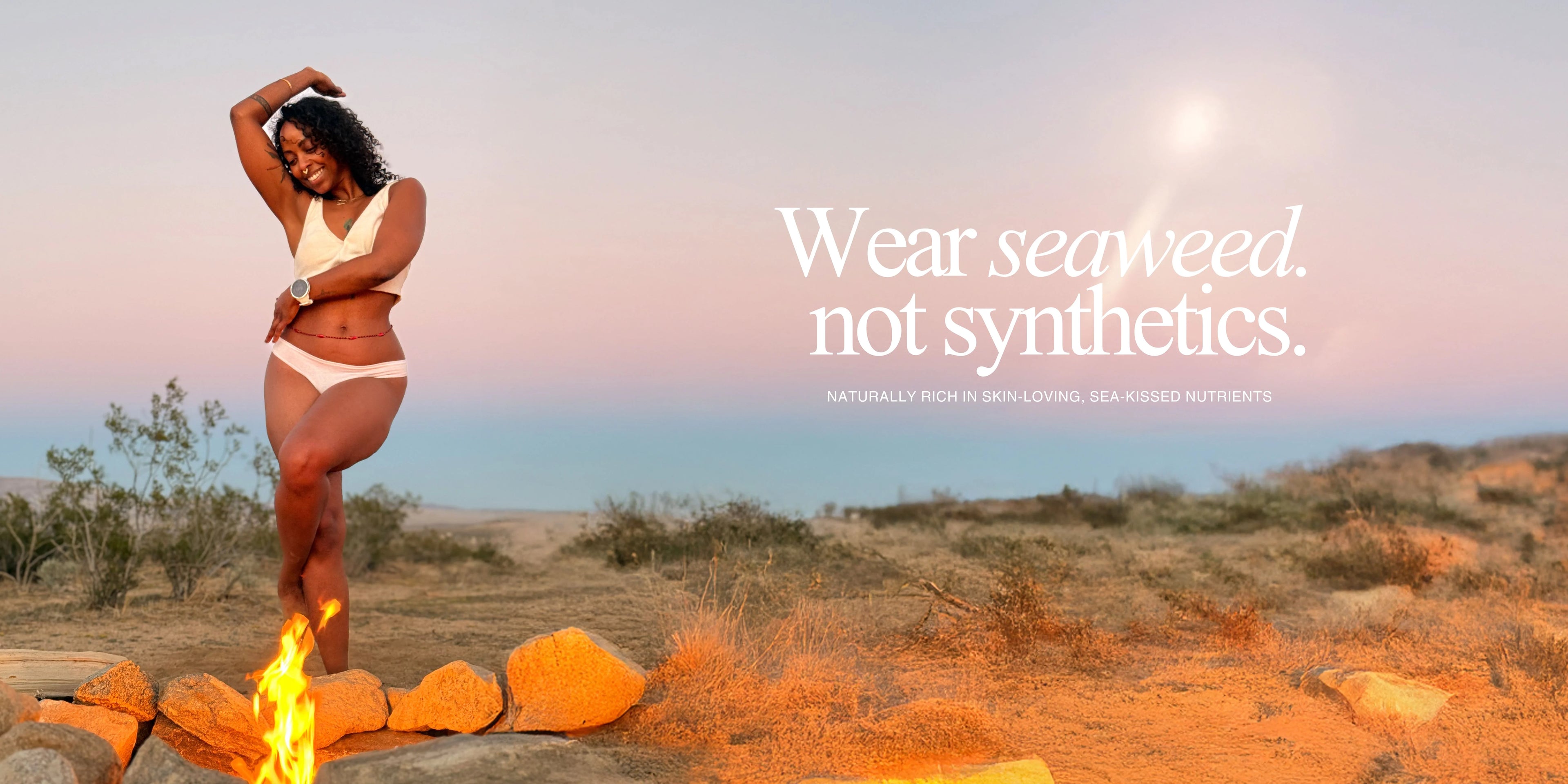 Model wearing Kiseau seaweed-infused organic cotton underwear outdoors, highlighting non-toxic natural fibers and skin-loving comfort.