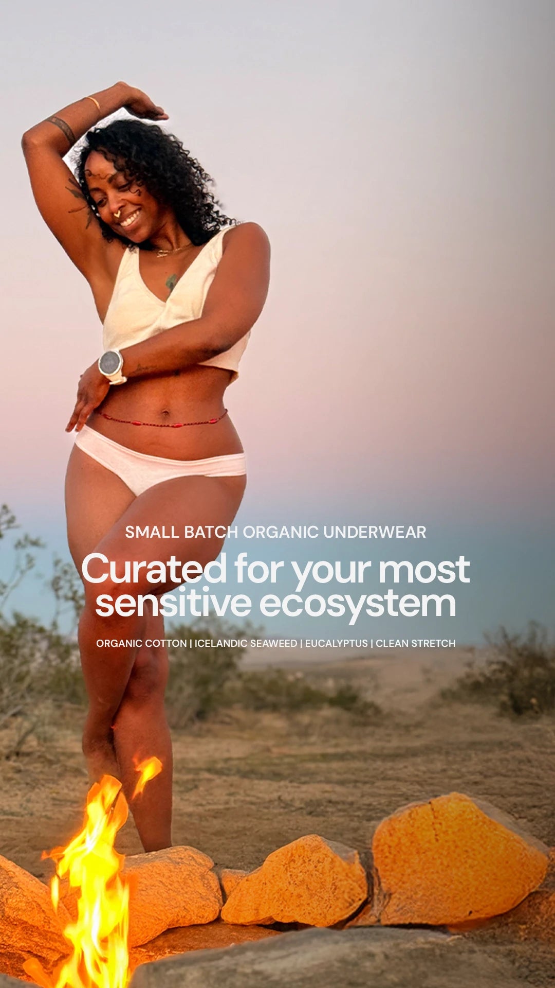 Woman wearing Kiseau small-batch organic underwear outdoors at sunset, highlighting natural fabrics designed for the body’s most sensitive skin.