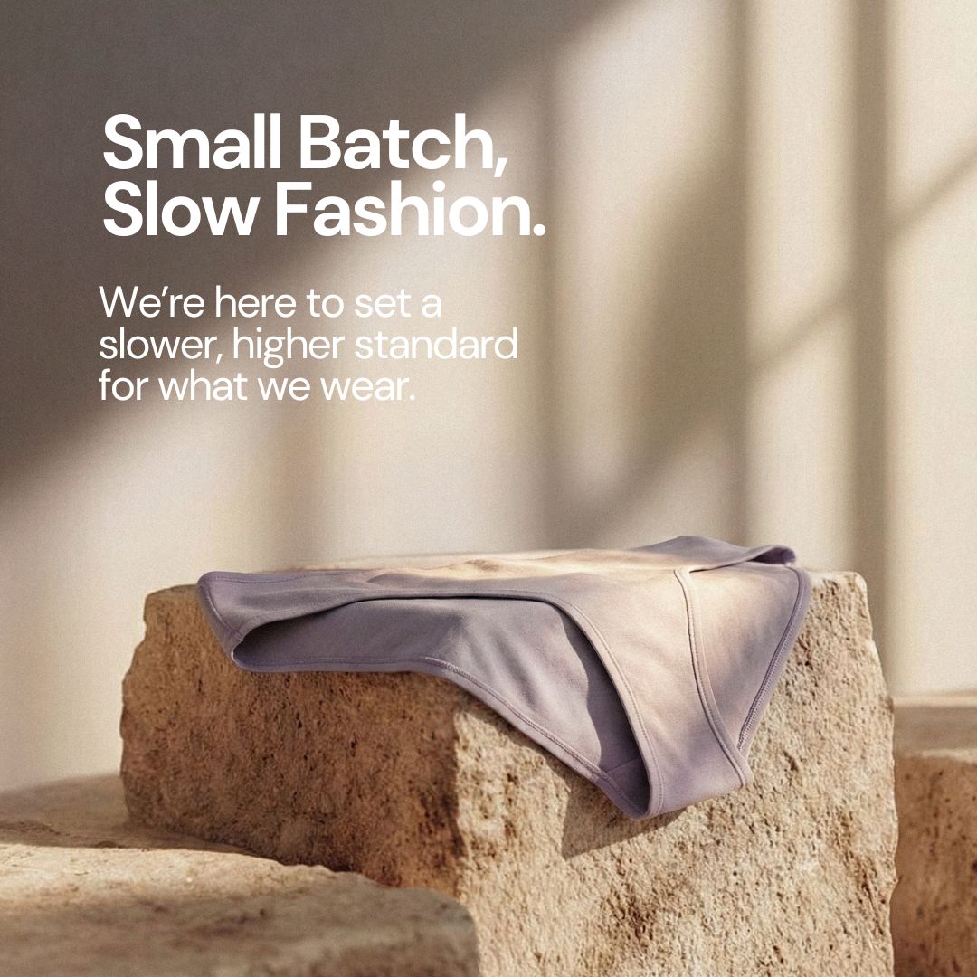 Small-batch organic underwear by Kiseau displayed on natural stone, highlighting slow fashion, sustainable materials, and intentional design.