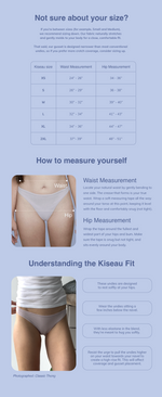 Kiseau underwear size chart with waist and hip measurements for XS to 2XL, including instructions on how to measure your waist and hips and guidance on how Kiseau’s mid-rise fit is designed to sit softly below the navel.