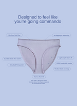 Infographic of Kiseau’s organic cotton and seaweed bikini underwear showing mid-rise fit, breathable fabric, elastic-free seams, and lightweight feel designed to feel like going commando.