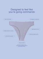 Infographic of Kiseau’s Brazilian cheeky underwear highlighting narrow front fit, mid-rise waist, breathable organic cotton and seaweed blend, and elastic-free seams for a dig-free feel.