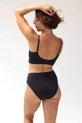 Model wearing Kiseau Charcoal Bralette and High Waist Brief, back view