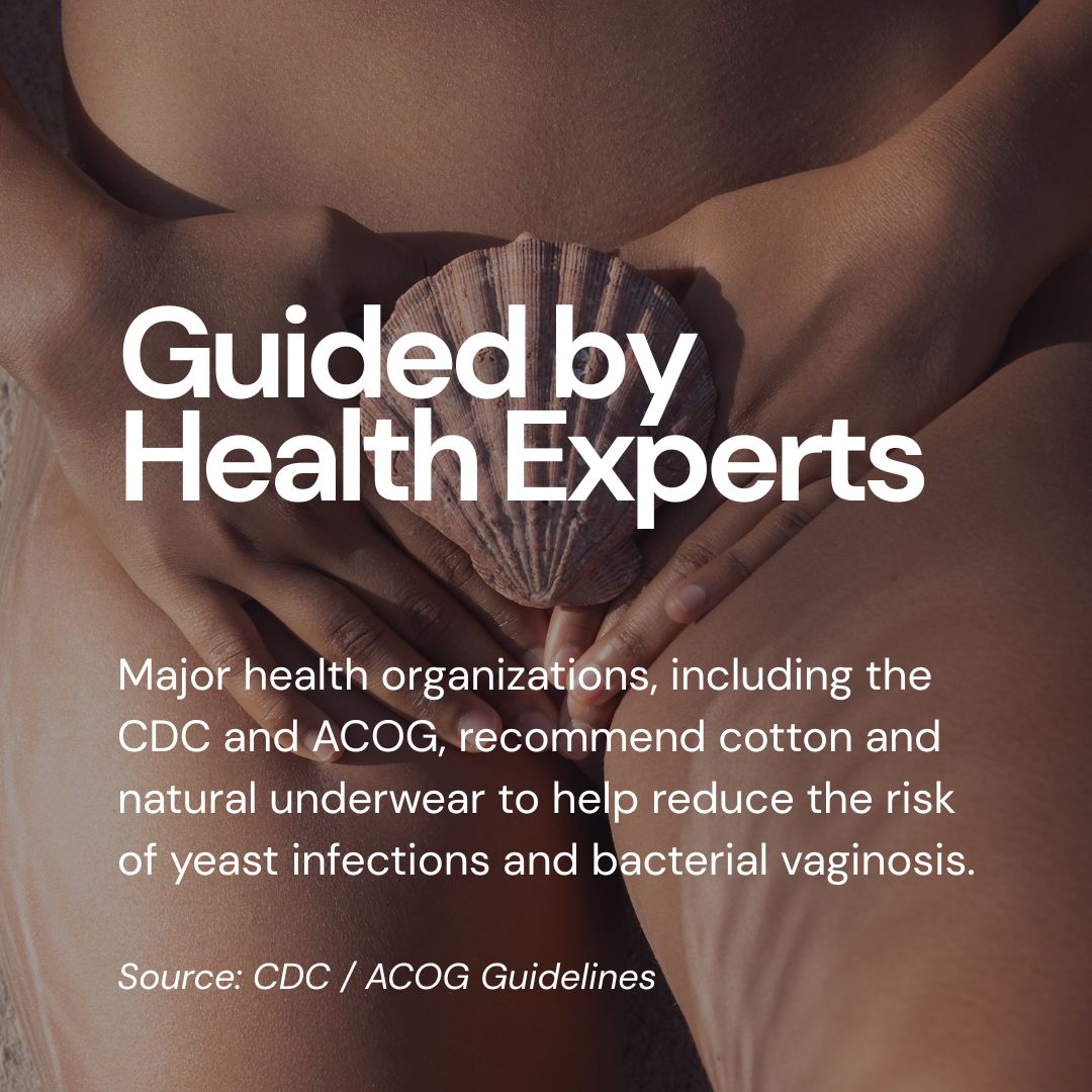 Natural cotton underwear recommended by health organizations to help reduce the risk of yeast infections and bacterial vaginosis.