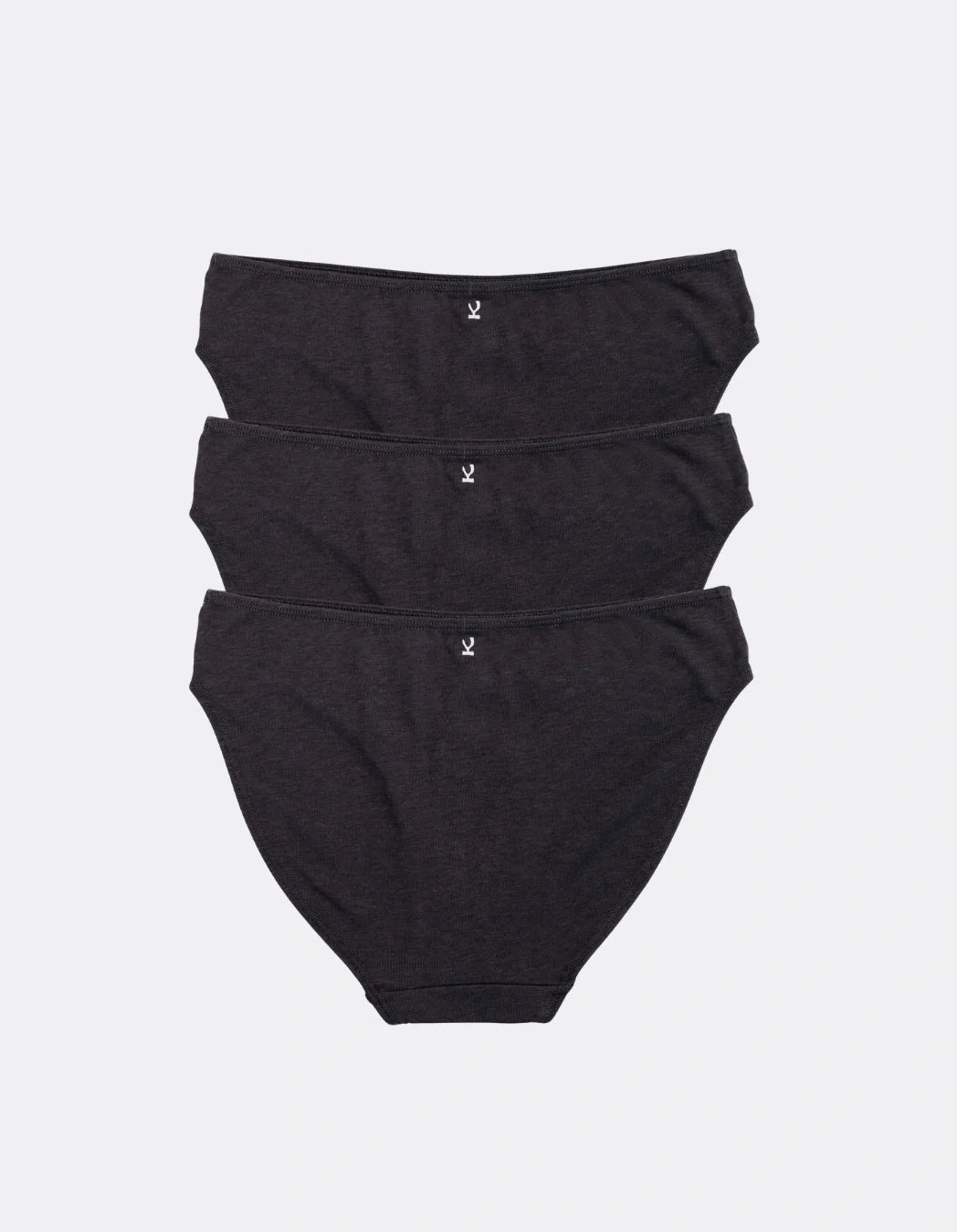 Three Kiseau Cheeky Bikinis in Charcoal, back view, organic cotton