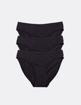 Three Kiseau Cheeky Bikinis in Charcoal, front view, organic cotton