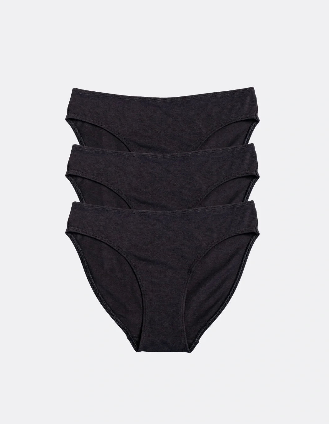 Three Kiseau Cheeky Bikinis in Charcoal, front view, organic cotton