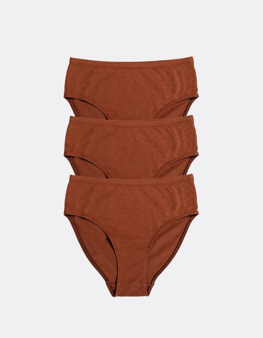Three Kiseau High Waist Briefs in Terra Cotta, front view, organic cotton